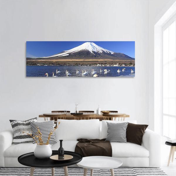 Swans Infront Of Mount Fuji Panoramic Canvas Wall Art-3 Piece-25" x 08"-Tiaracle