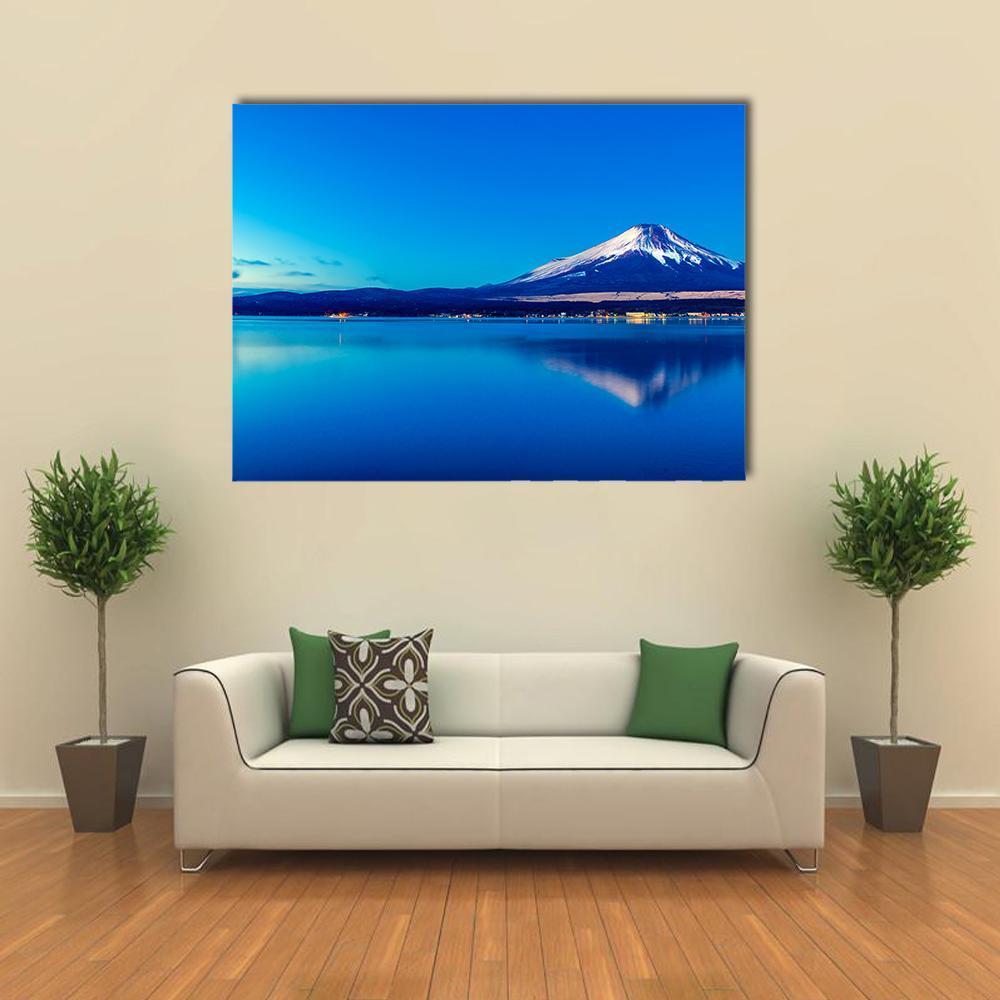 Lake Yamanaka Reflection at Dusk Canvas Wall Art in white and blue, single panel hung on a wall