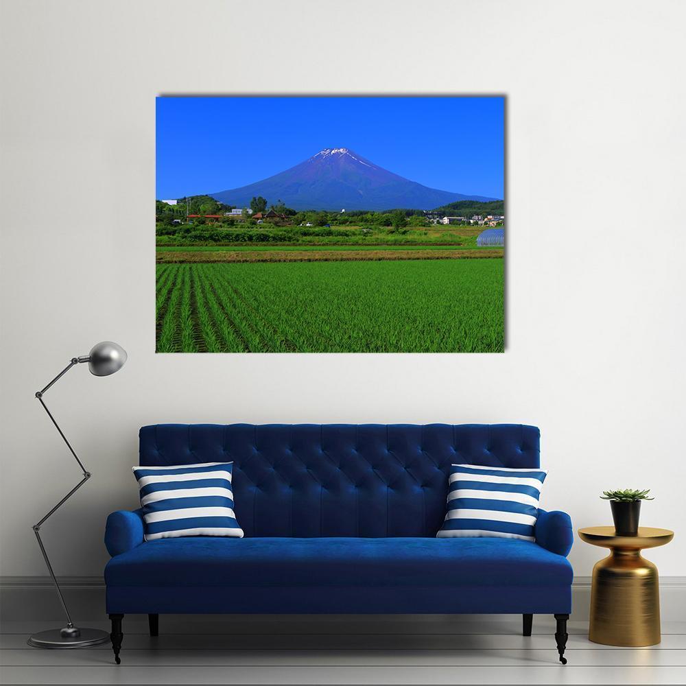 Mt Fuji Over Green Fields Canvas Wall Art in green and blue, single panel hung on a wall