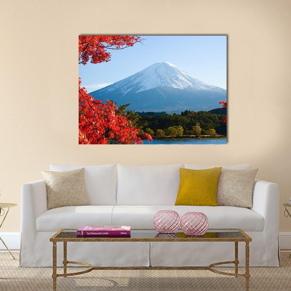 Mount Fuji in Autumn Canvas Wall Art in white, red and blue, single panel hung on a wall