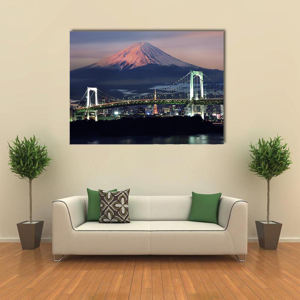 Twilight View of Mount Fuji and Rainbow Bridge Canvas Wall Art in black, blue and purple, single panel hung on a wall