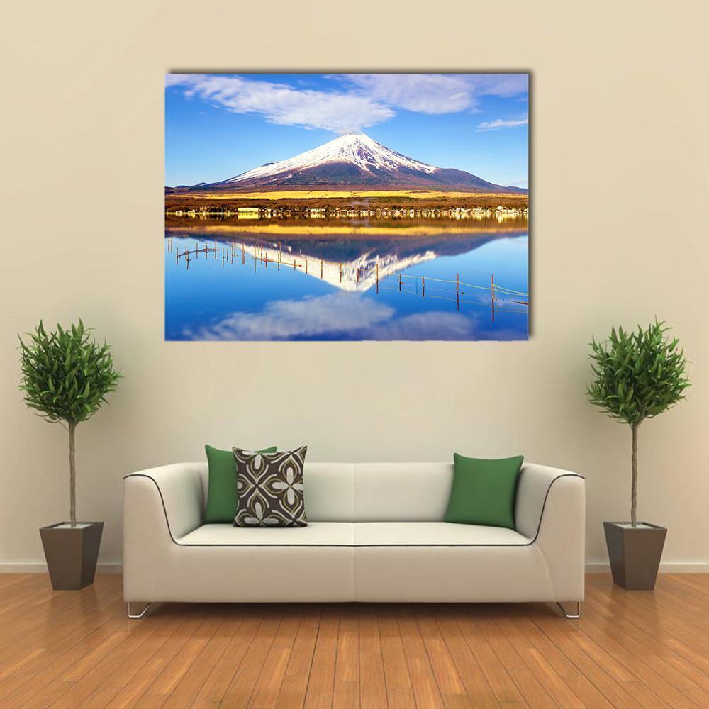 Mt Fuji Reflected in Lake Yamanaka Canvas Wall Art in white, yellow and blue, single panel hung on a wall