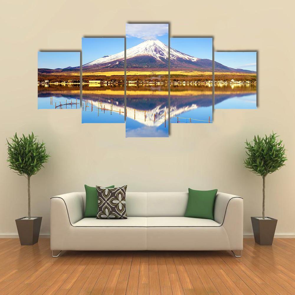 Mt Fuji With Lake Yamanaka Canvas Wall Art-5 Star-Gallery Wrap-62" x 32"-Tiaracle
