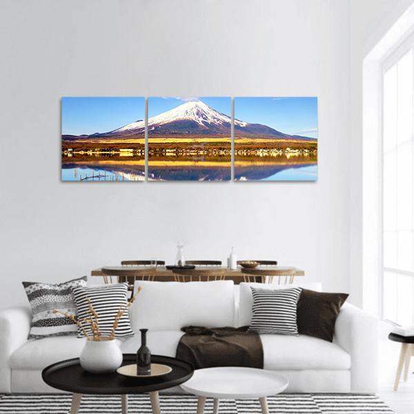 Mt Fuji With Lake Yamanaka Panoramic Canvas Wall Art-3 Piece-25" x 08"-Tiaracle