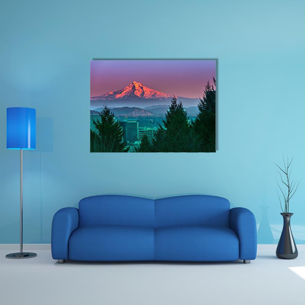 Mt Hood at Sunset Canvas Wall Art in blue, purple and pink, single panel hung on a wall