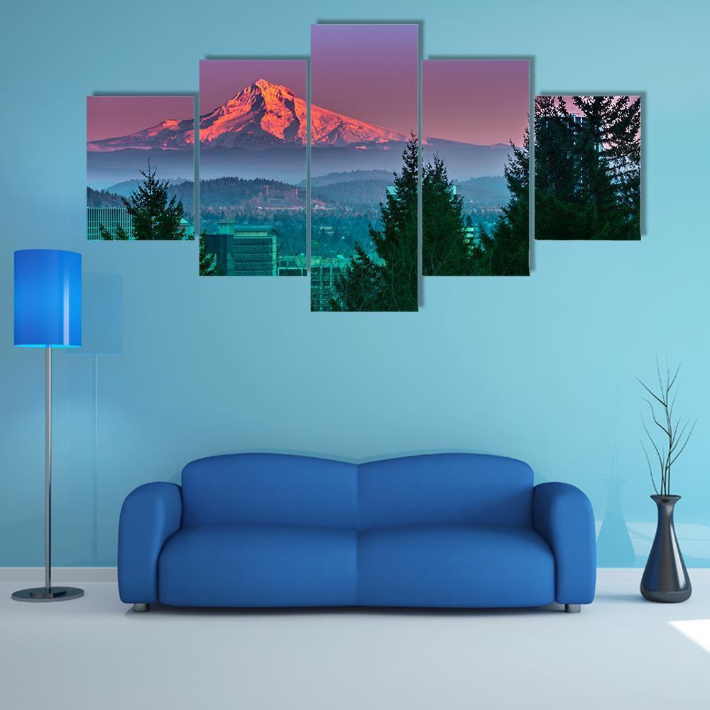 Mt Hood At Sunset Canvas Wall Art-5 Star-Gallery Wrap-62" x 32"-Tiaracle