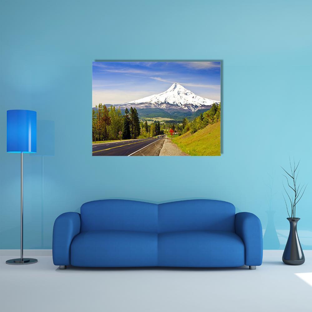 Mt Hood from Hood River Canvas Wall Art in white, green and blue, single panel hung on a wall