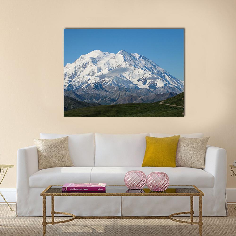 Majestic Mt Mckinley Under Clear Blue Sky Canvas Wall Art in white, gray and blue, single panel hung on a wall