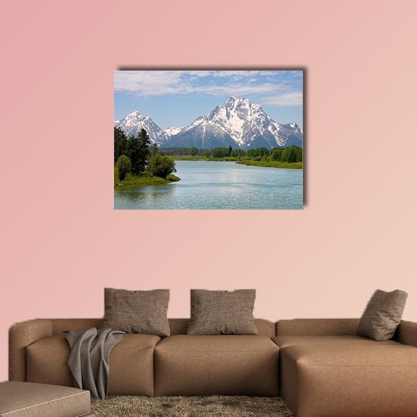 Mt Moran from Lake Canvas Wall Art in white, green and blue, single panel hung on a wall