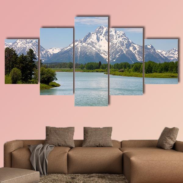 Mt Moran From Lake Canvas Wall Art-5 Star-Gallery Wrap-62" x 32"-Tiaracle
