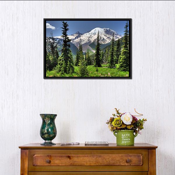 Mt Rainier and Pine Trees Canvas Wall Art in white, green and blue, framed canvas, product view on a white background