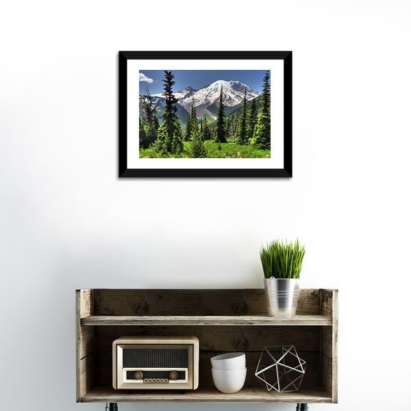 Mt Rainier & Pine Trees Canvas Wall Art-1 Piece-Framed Print-20" x 16"-Tiaracle
