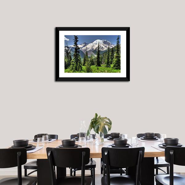 Mt Rainier & Pine Trees Canvas Wall Art-5 Horizontal-Gallery Wrap-22" x 12"-Tiaracle