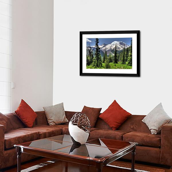 Mt Rainier & Pine Trees Canvas Wall Art-5 Horizontal-Gallery Wrap-22" x 12"-Tiaracle