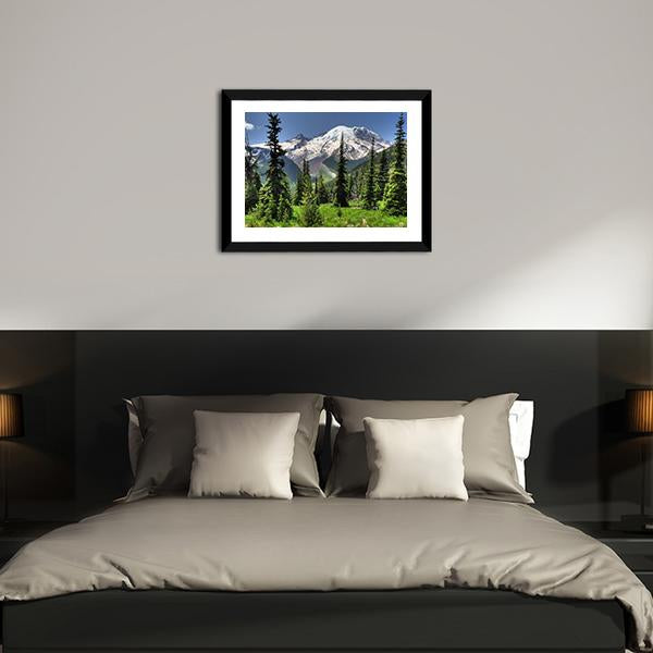 Mt Rainier & Pine Trees Canvas Wall Art-5 Horizontal-Gallery Wrap-22" x 12"-Tiaracle