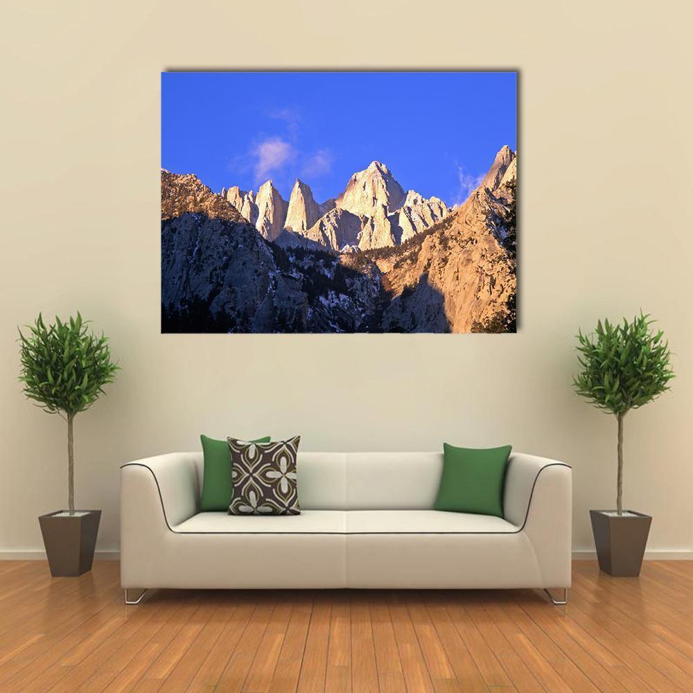Inyo National Forest Mountain Landscape Canvas Wall Art in beige, brown and blue, single panel hung on a wall