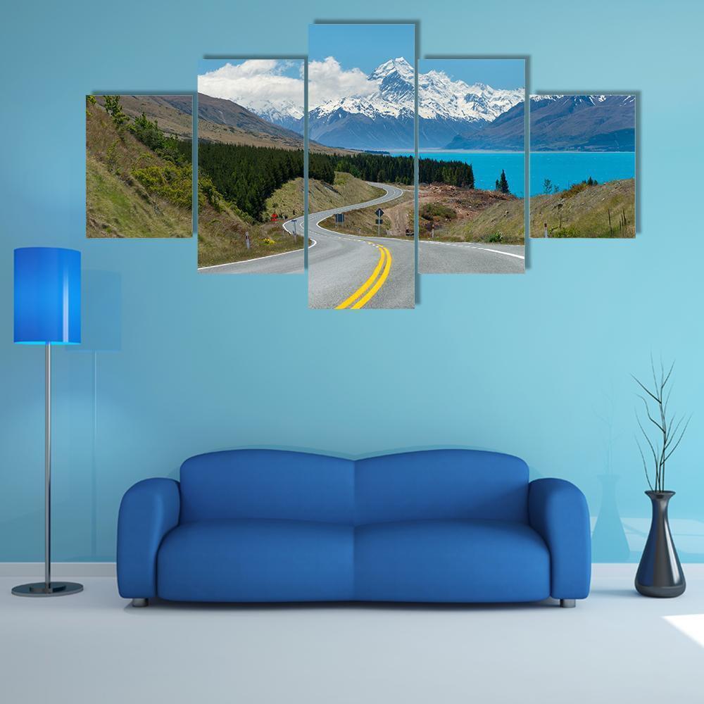 Mt Cook Winding Road and Lake Canvas Wall Art in gray, green and blue, 5 panel Star layout hung on a wall