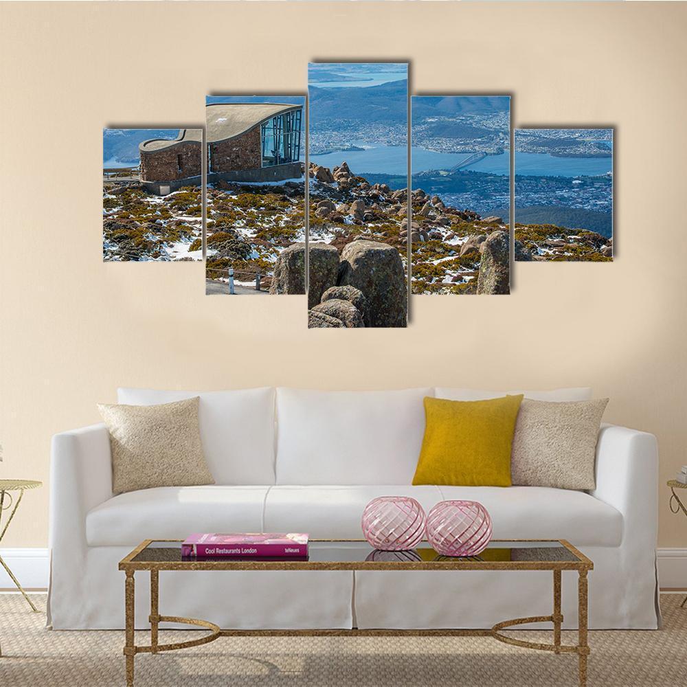 Mt Wellington and Hobart City View Canvas Wall Art in gray, brown and blue, 5 panel Star layout hung on a wall