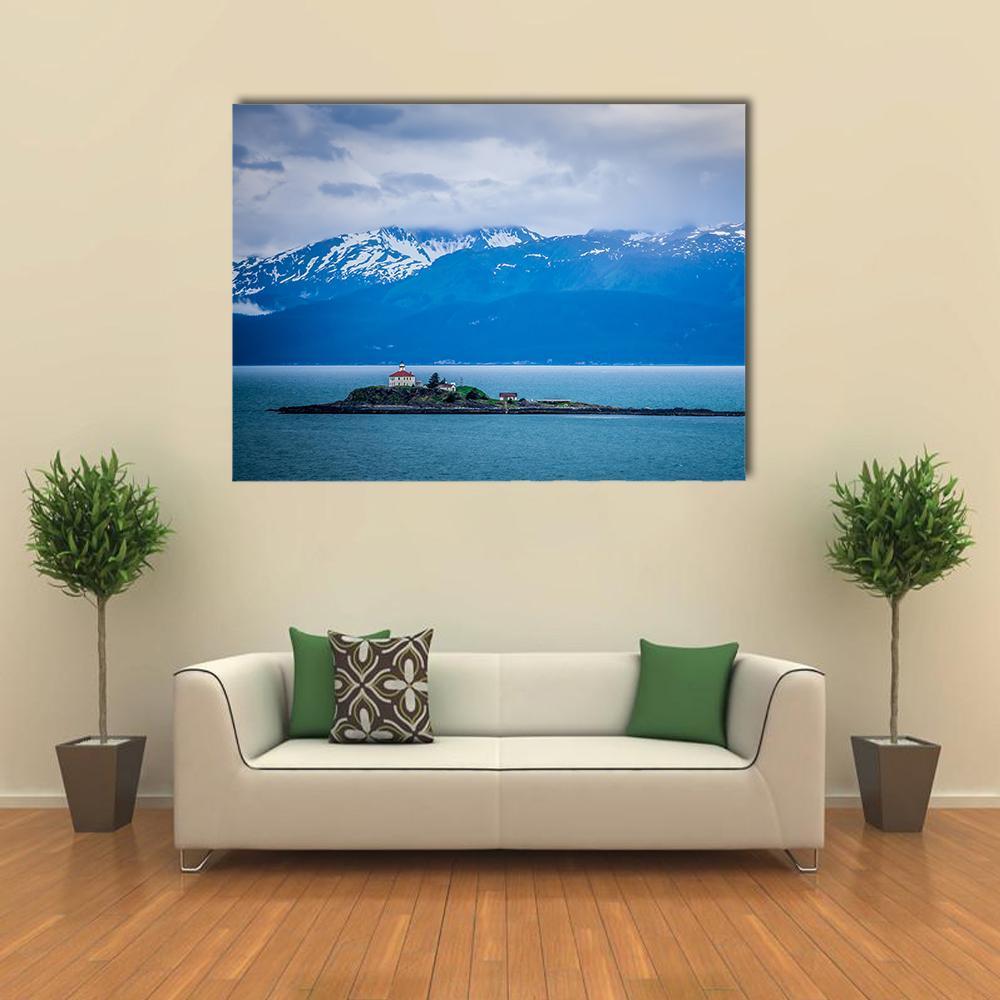 Mud Bay Island with Lighthouse, Alaska Canvas Wall Art in white, gray and blue, single panel hung on a wall