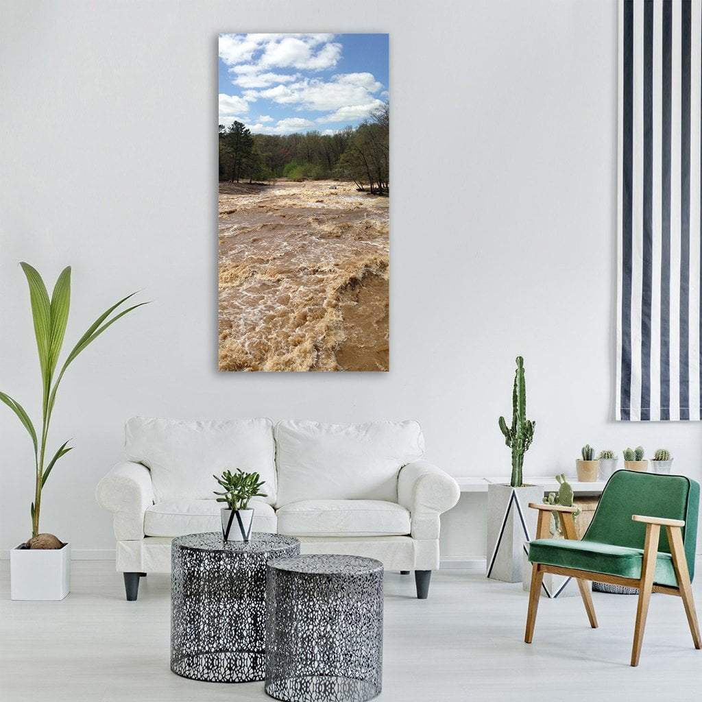 Muddy Flood in Forest Vertical Canvas Wall Art in white, brown and blue, single vertical panel hung on a wall