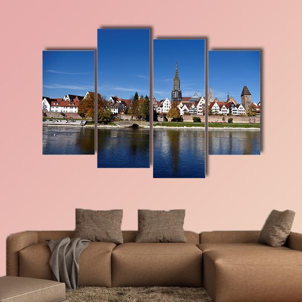 Muenster Tower &amp; River Danube Canvas Wall Art-4 Pop-Gallery Wrap-50" x 32"-Tiaracle