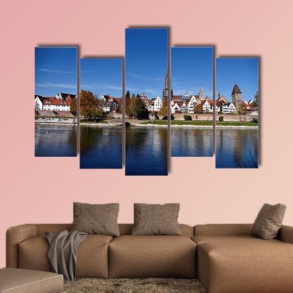 Muenster Tower &amp; River Danube Canvas Wall Art-5 Pop-Gallery Wrap-47" x 32"-Tiaracle