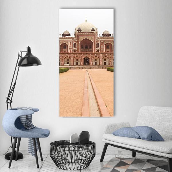 Humayun's Tomb, Delhi Vertical Canvas Wall Art in beige, brown and red, single vertical panel hung on a wall