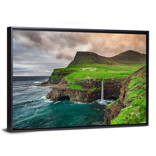 Mulafossur Waterfall Canvas Wall Art-3 Horizontal-Gallery Wrap-25" x 16"-Tiaracle