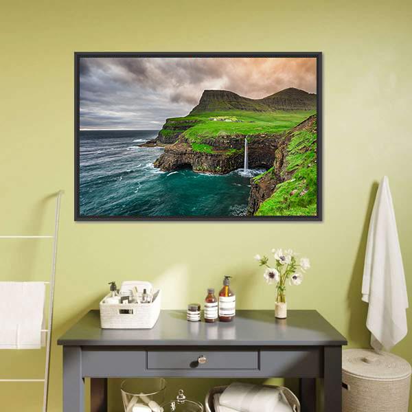 Mulafossur Waterfall and Coastal Village Canvas Wall Art in gray, green and blue, framed canvas, product view on a white background