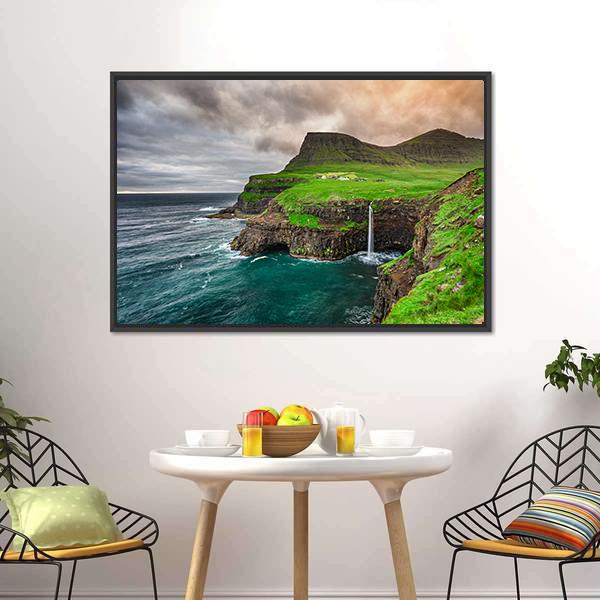 Mulafossur Waterfall Canvas Wall Art-3 Horizontal-Gallery Wrap-25" x 16"-Tiaracle