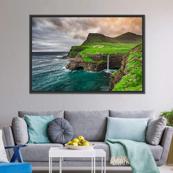 Mulafossur Waterfall Canvas Wall Art-3 Horizontal-Gallery Wrap-25" x 16"-Tiaracle