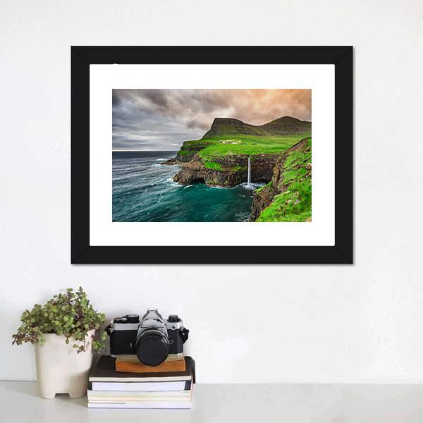 Mulafossur Waterfall Canvas Wall Art-1 Piece-Framed Print-20" x 16"-Tiaracle