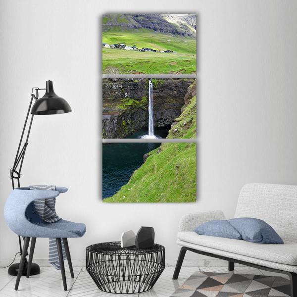 Waterfall In Faroe Island Vertical Canvas Wall Art-3 Vertical-Gallery Wrap-12" x 25"-Tiaracle