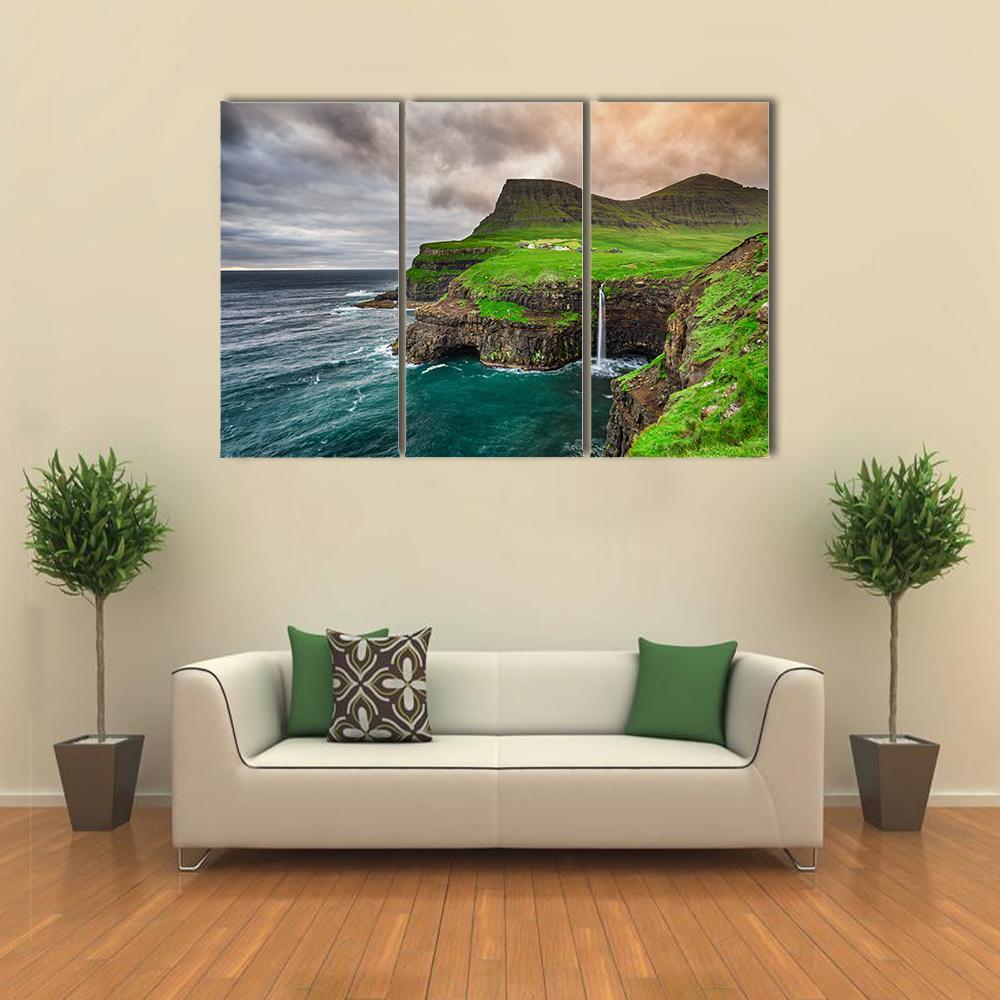 Mulafossur Waterfall Canvas Wall Art-3 Horizontal-Gallery Wrap-37" x 24"-Tiaracle