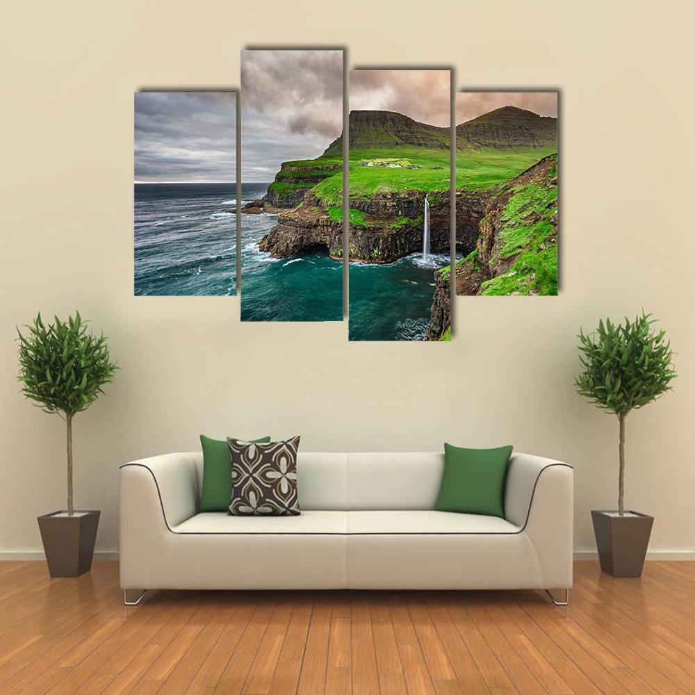 Mulafossur Waterfall Canvas Wall Art-4 Pop-Gallery Wrap-50" x 32"-Tiaracle