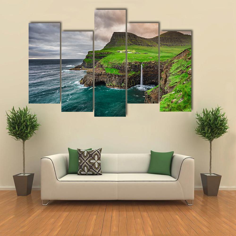 Mulafossur Waterfall Canvas Wall Art-5 Pop-Gallery Wrap-47" x 32"-Tiaracle