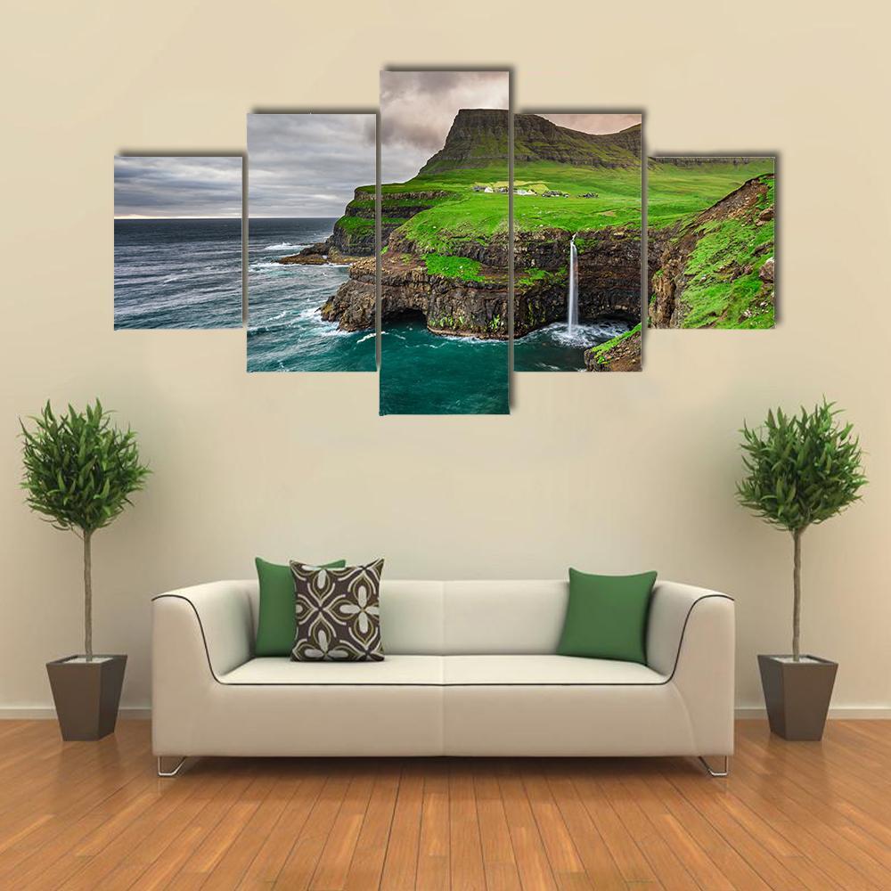 Mulafossur Waterfall Canvas Wall Art-5 Star-Gallery Wrap-62" x 32"-Tiaracle