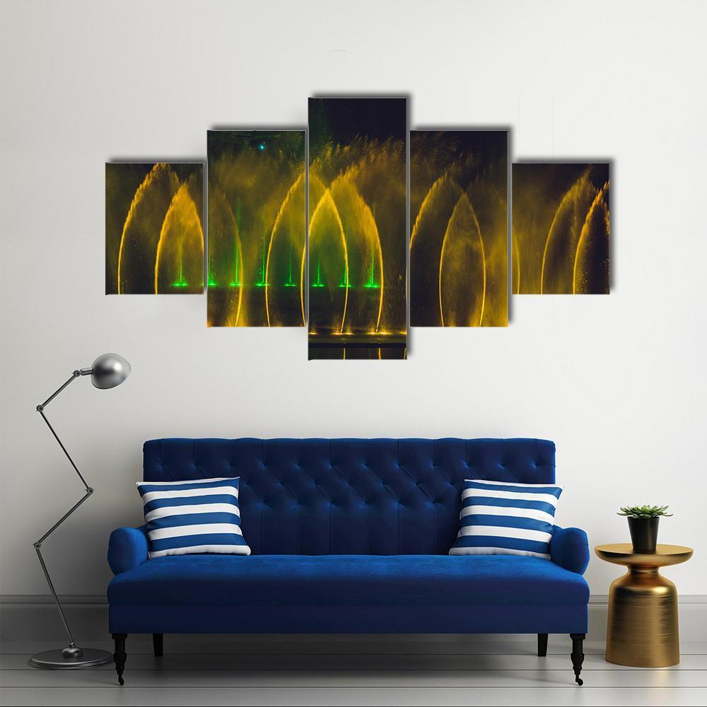 Yellow Dancing Fountains Canvas Wall Art-5 Star-Gallery Wrap-62" x 32"-Tiaracle