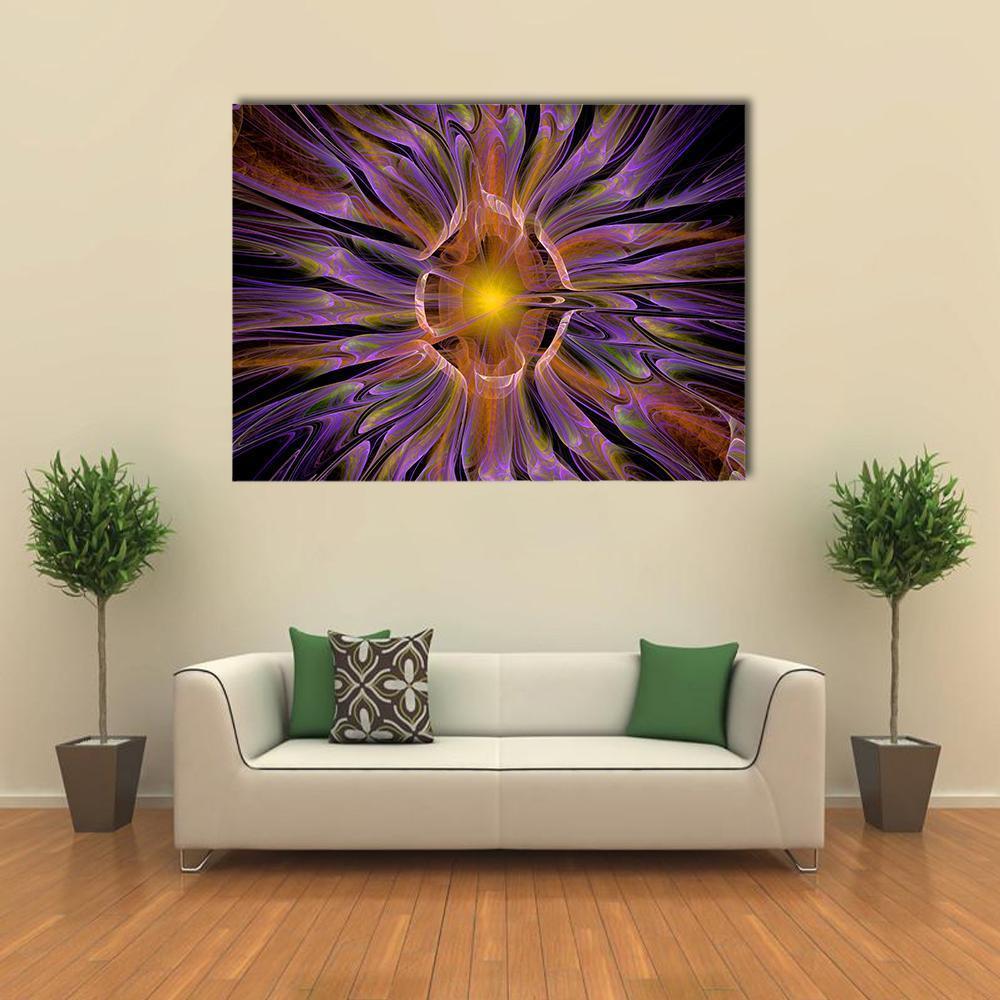 Multicolored Fractal Bloom Canvas Wall Art in black, purple and multicolor, single panel hung on a wall