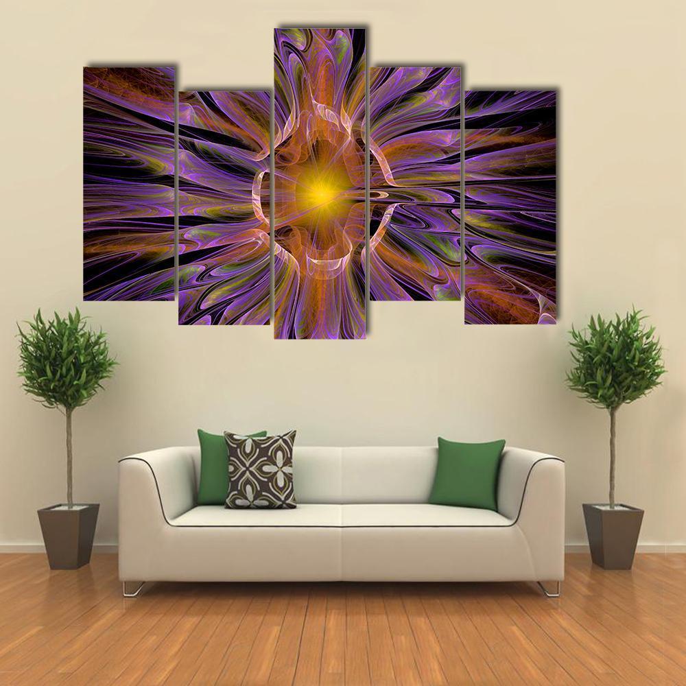 Multicolored Fractal Bloom Canvas Wall Art in black, purple and multicolor, 5 panel Pop layout hung on a wall