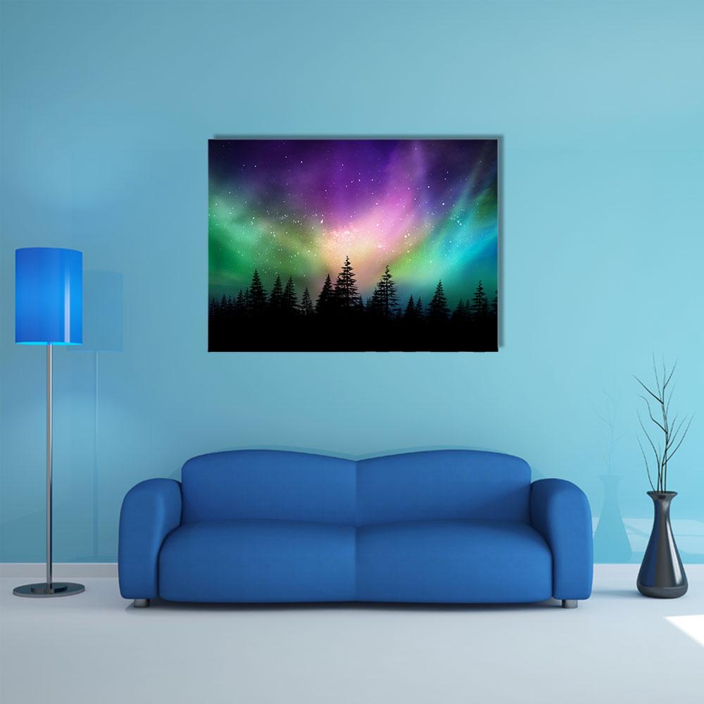 Aurora Borealis Over Pine Forest Canvas Wall Art in black, green and purple, 5 panel Pop layout hung on a wall