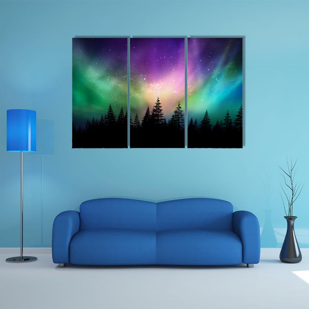 Aurora Borealis Over Pine Forest Canvas Wall Art in black, green and purple, 5 panel Pop layout hung on a wall