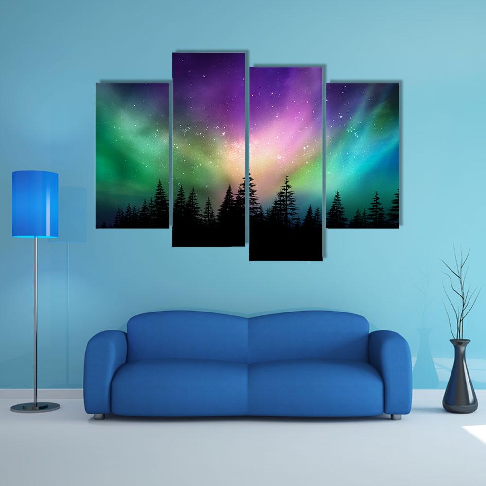 Aurora Borealis Over Pine Forest Canvas Wall Art in black, green and purple, 5 panel Pop layout hung on a wall