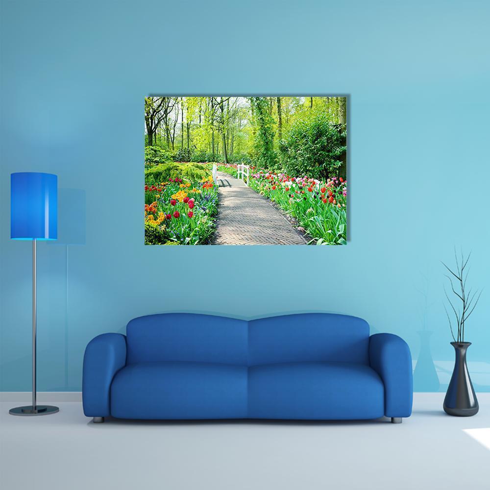Multicolored Tulips in Keukenhof Gardens Canvas Wall Art in green and multicolor, single panel hung on a wall