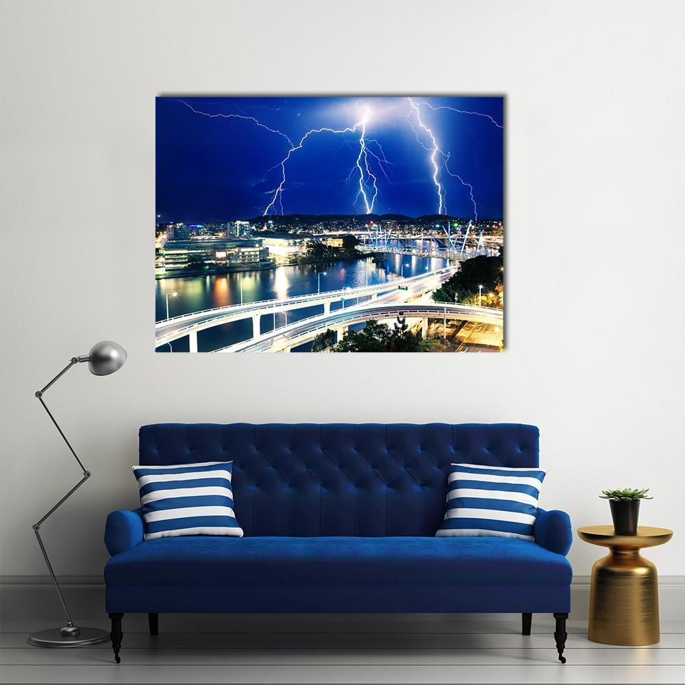 Lightning Strikes Over River Canvas Wall Art-1 Piece-Gallery Wrap-48" x 32"-Tiaracle