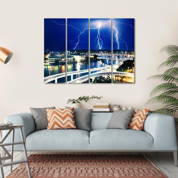 Lightning Strikes Over River Canvas Wall Art-4 Horizontal-Gallery Wrap-34" x 24"-Tiaracle