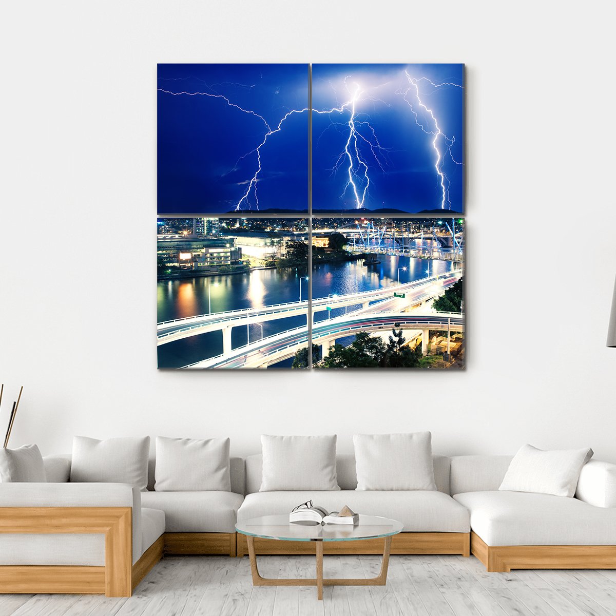Lightning Strikes Over River Canvas Wall Art-4 Square-Gallery Wrap-17" x 17"-Tiaracle