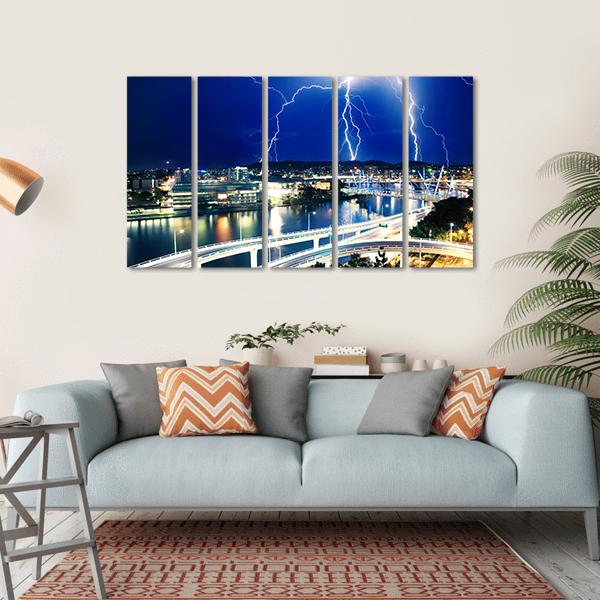 Lightning Strikes Over River Canvas Wall Art-5 Horizontal-Gallery Wrap-22" x 12"-Tiaracle