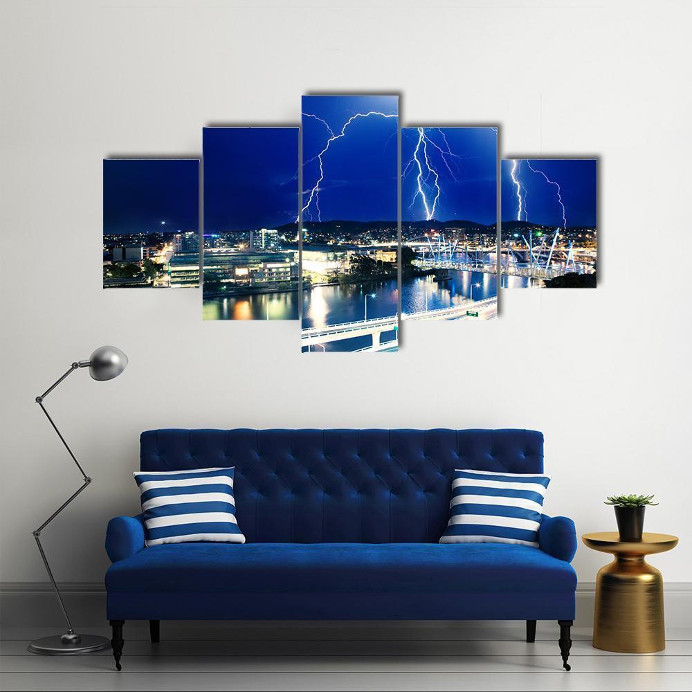 Lightning Strikes Over River Canvas Wall Art-1 Piece-Gallery Wrap-48" x 32"-Tiaracle