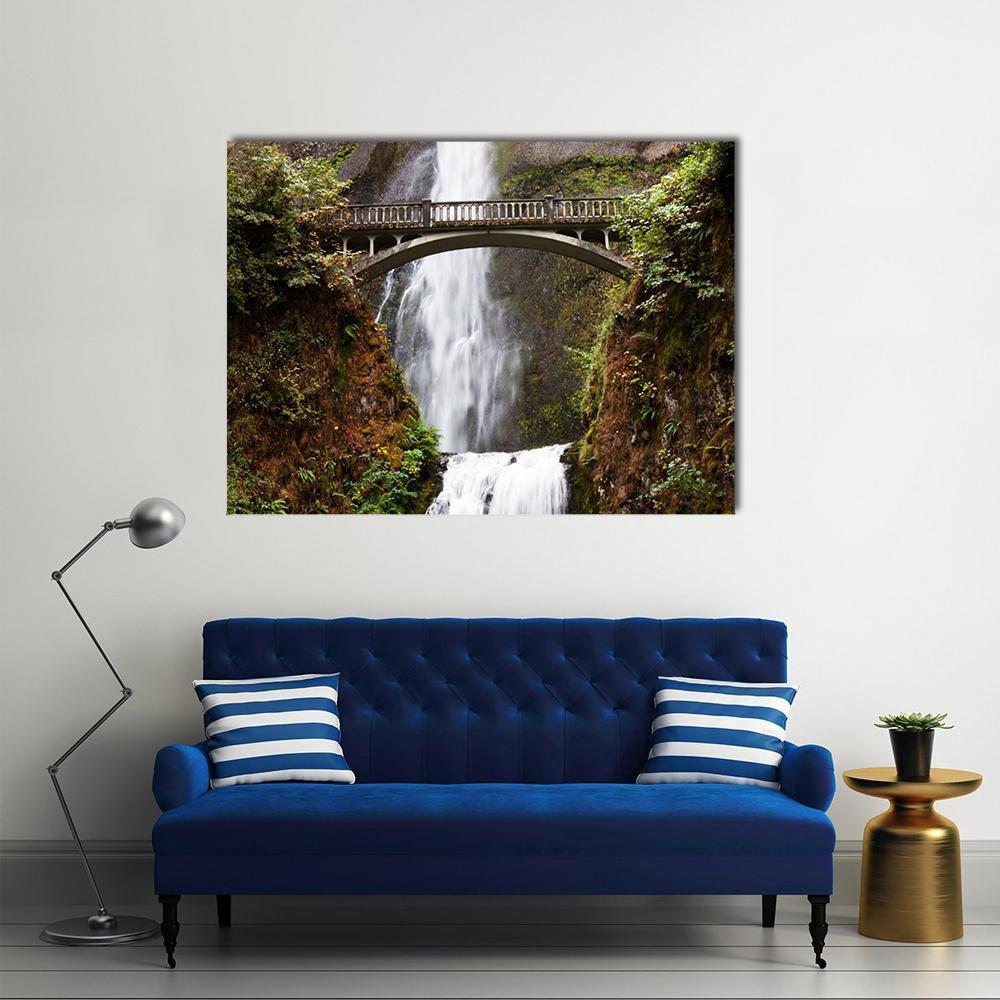 Multnomah Falls Waterfall and Stone Bridge Canvas Wall Art in white, brown and green, single panel hung on a wall